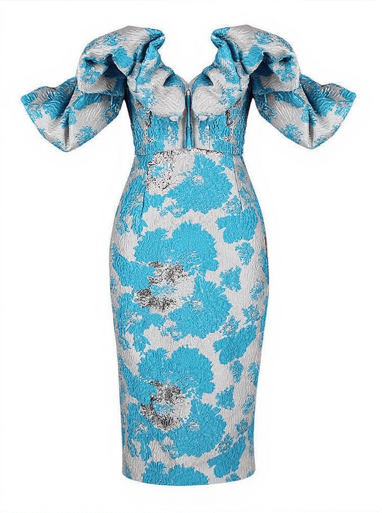 AIIZIE GISELLE JACQUARD OFF SHOULDER MIDI DRESS IN BLUE - product image