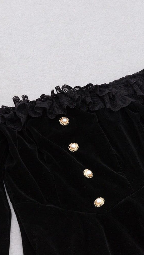 VELVET LACE ONE PIECE NECKLINE VINTAGE MIDI DRESS IN BLACK