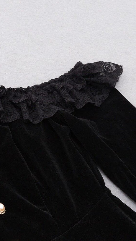 VELVET LACE ONE PIECE NECKLINE VINTAGE MIDI DRESS IN BLACK