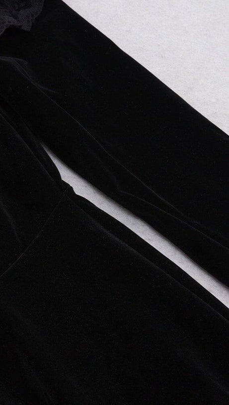 VELVET LACE ONE PIECE NECKLINE VINTAGE MIDI DRESS IN BLACK