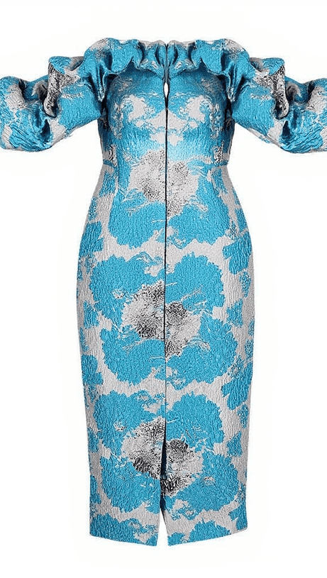 ABITO MIDI GISELLE JACQUARD CON SPALLE SCOPERTE IN BLU