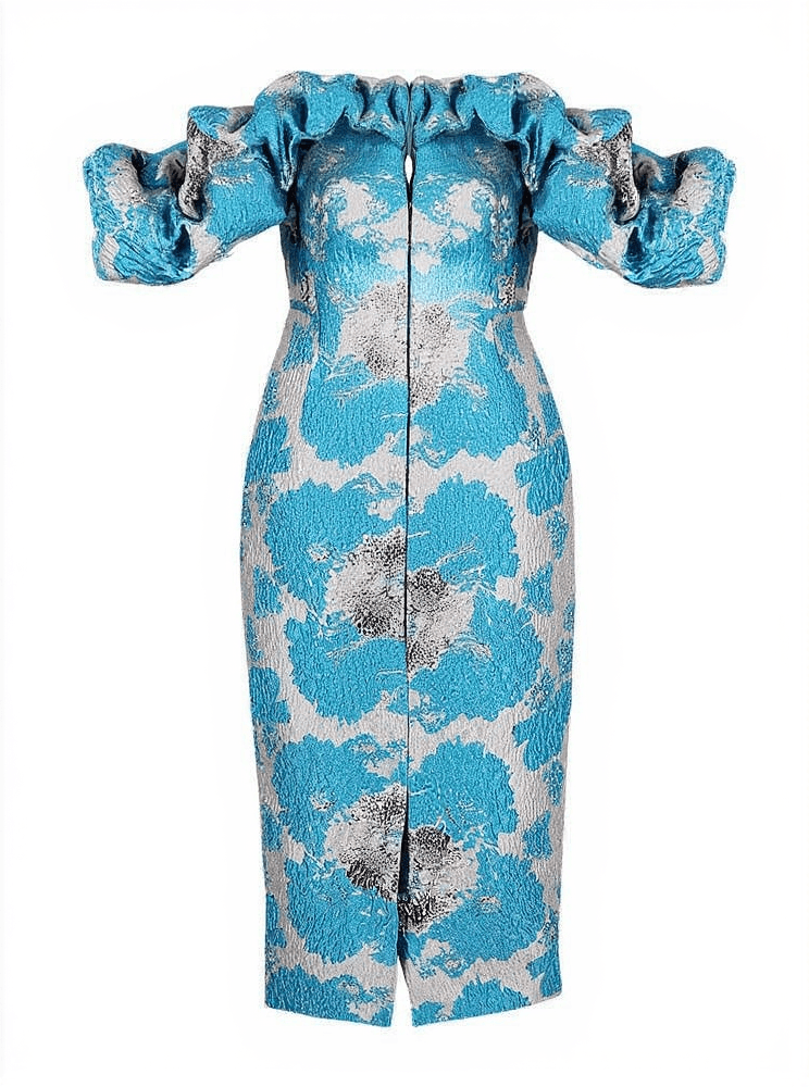 AIIZIE GISELLE JACQUARD OFF SHOULDER MIDI DRESS IN BLUE - product image