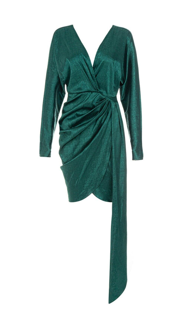 AIIZIE SATIN PRINT PLEATED MINI DRESS IN DARK GREEN - product image