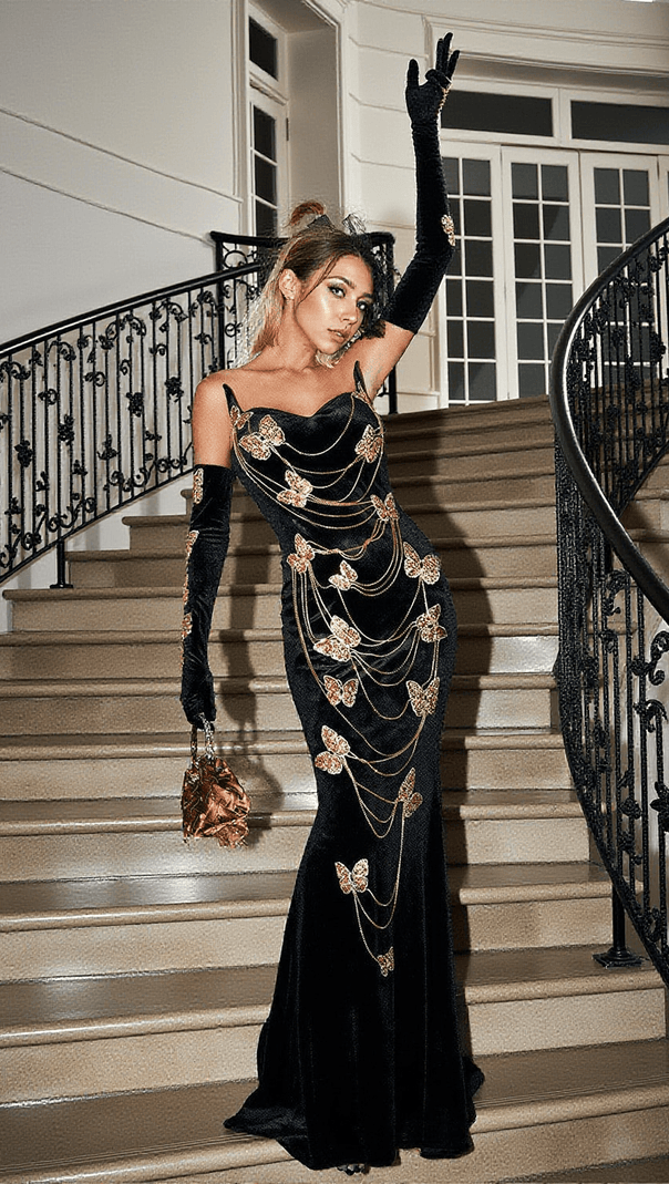 AIIZIE MIEL BUTTERFLY CHAIN EMBELLISHED VELVET DRESS - product image