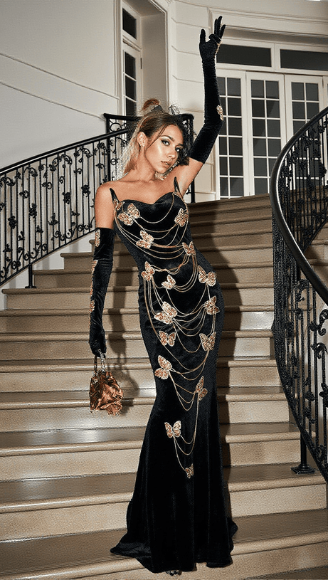 MIEL BUTTERFLY CHAIN EMBELLISHED VELVET DRESS