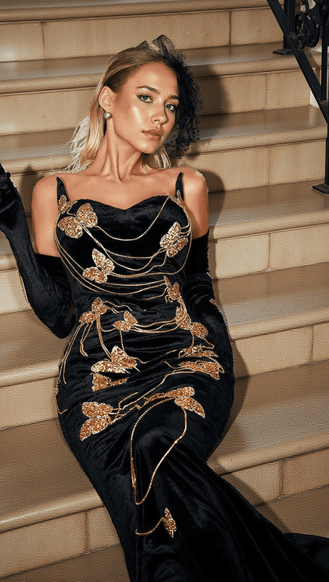 MIEL BUTTERFLY CHAIN EMBELLISHED VELVET DRESS