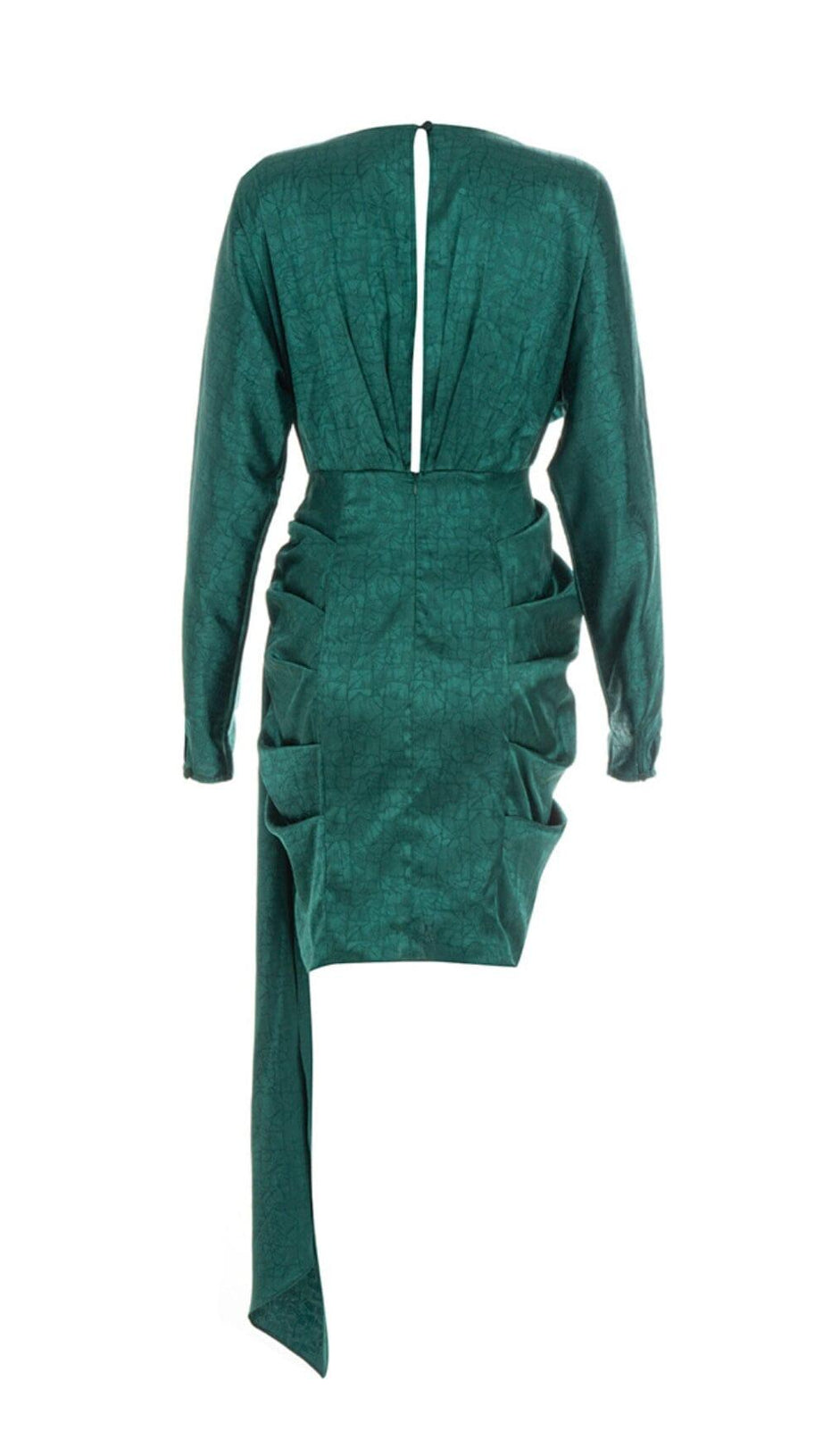 SATIN PRINT PLEATED MINI DRESS IN DARK GREEN