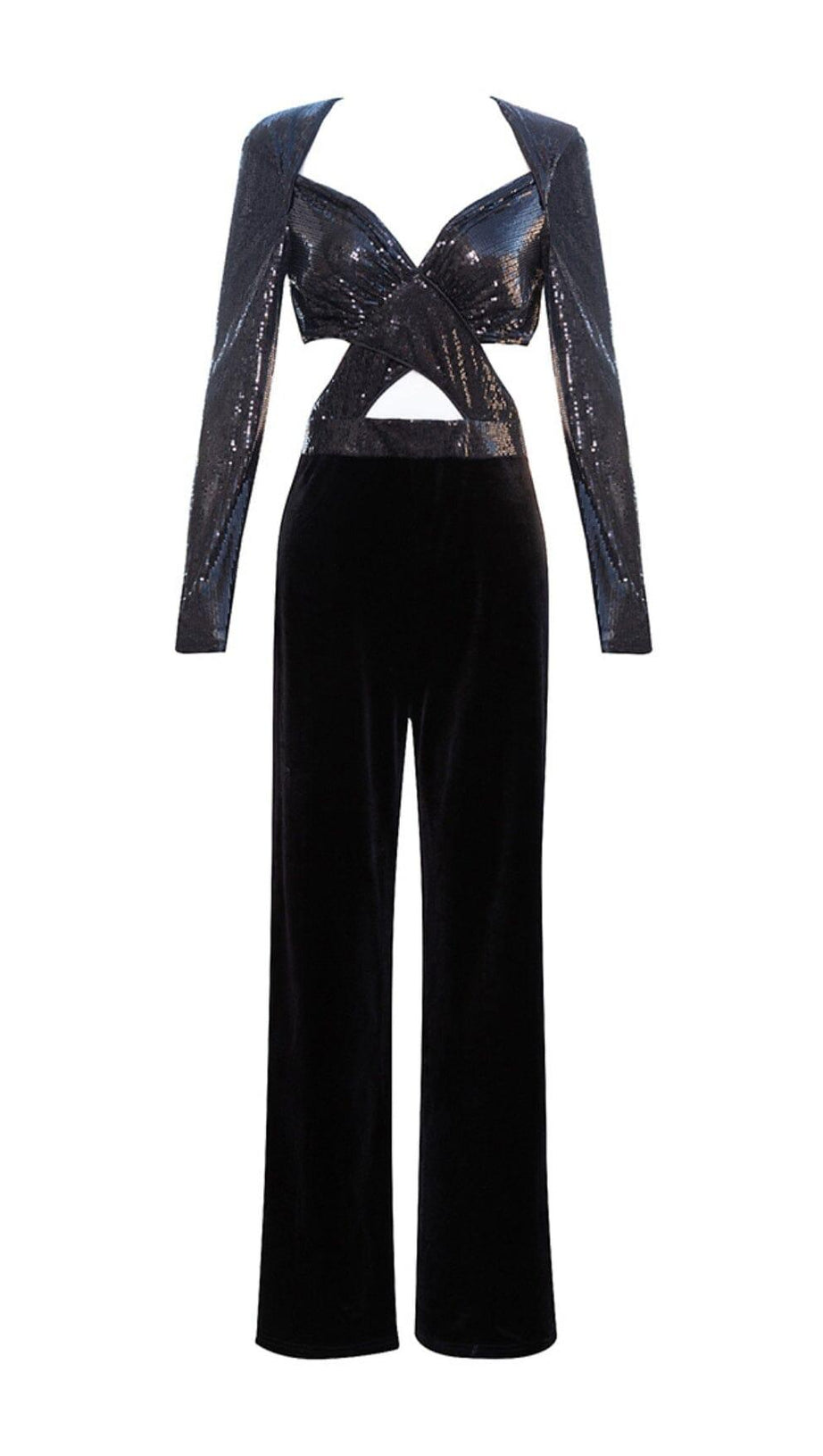VELVET SEQUIN CUT-OUT FLOOR-LENGTH JUMPSUIT IN BLACK