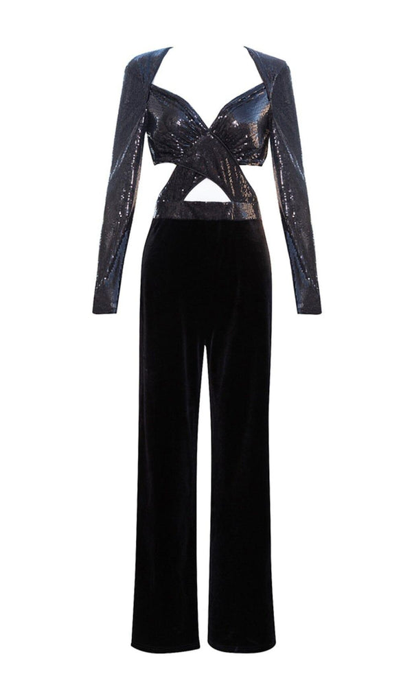 VELVET SEQUIN CUT-OUT FLOOR-LENGTH JUMPSUIT IN BLACK