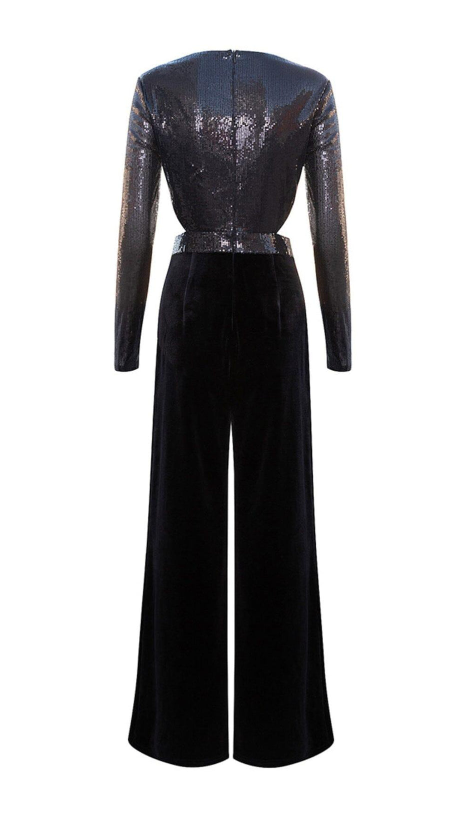 VELVET SEQUIN CUT-OUT FLOOR-LENGTH JUMPSUIT IN BLACK