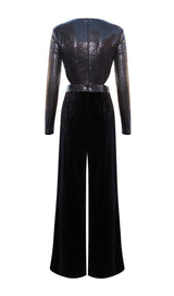 VELVET SEQUIN CUT-OUT FLOOR-LENGTH JUMPSUIT IN BLACK