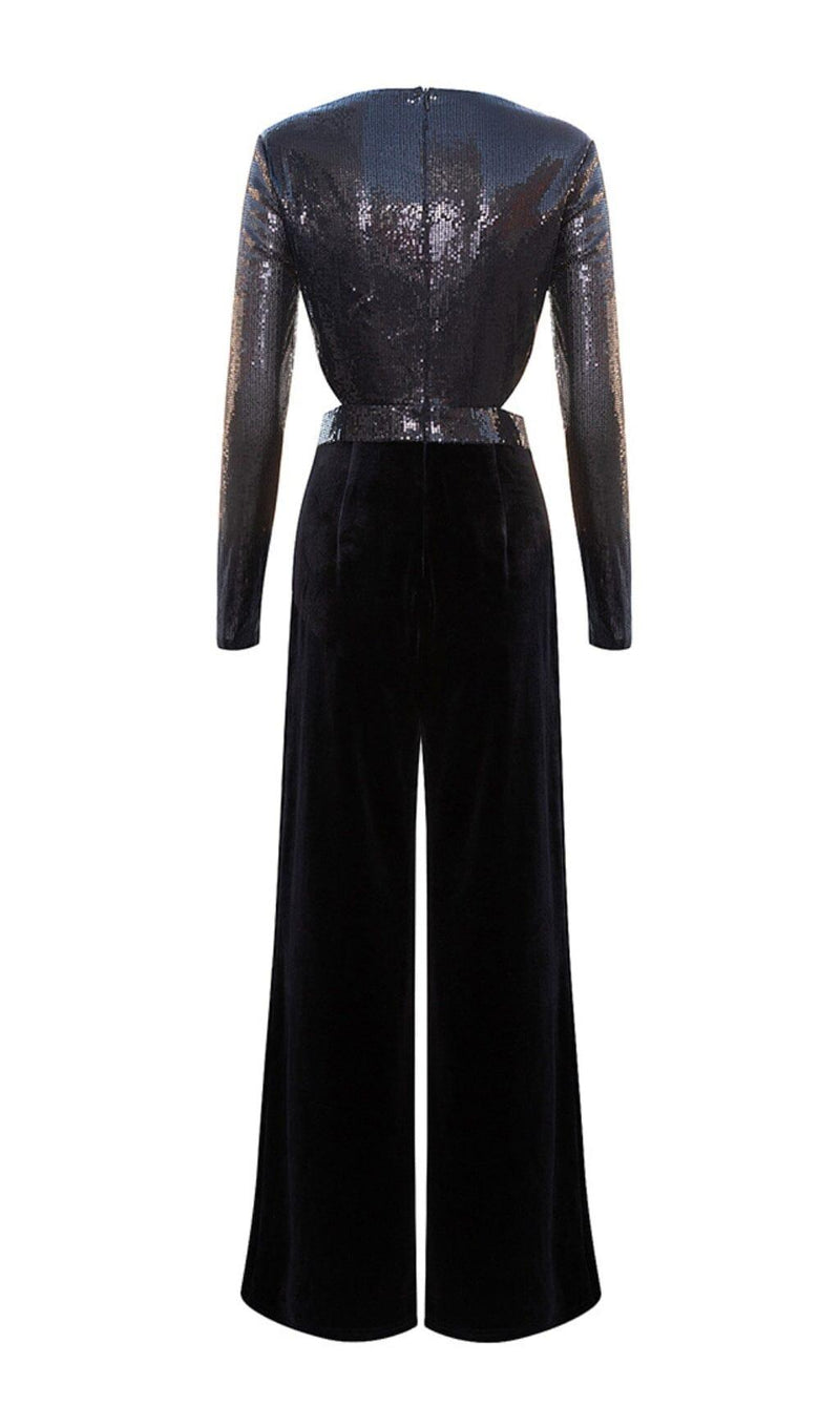 VELVET SEQUIN CUT-OUT FLOOR-LENGTH JUMPSUIT IN BLACK