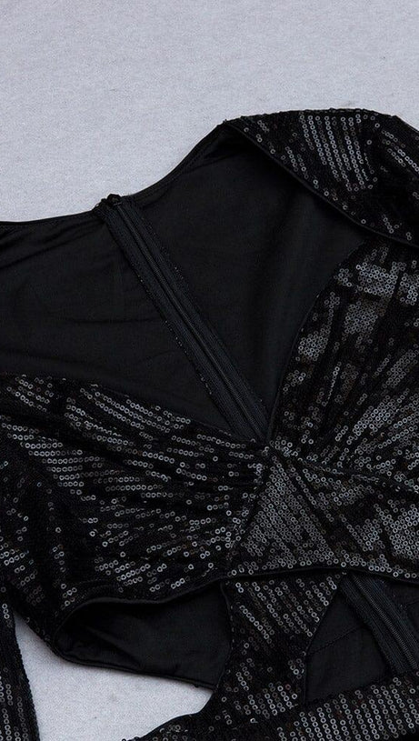 VELVET SEQUIN CUT-OUT FLOOR-LENGTH JUMPSUIT IN BLACK