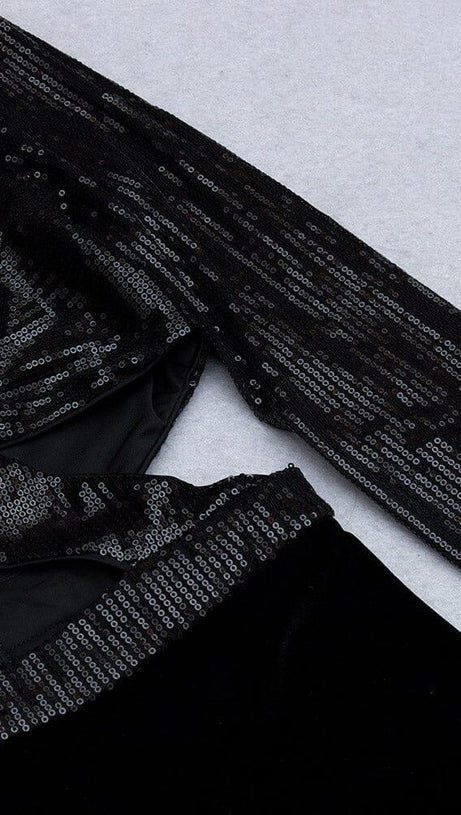 VELVET SEQUIN CUT-OUT FLOOR-LENGTH JUMPSUIT IN BLACK