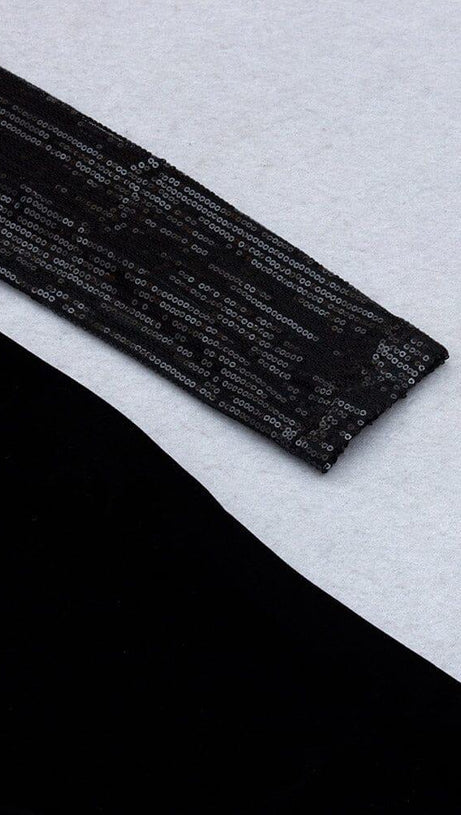 VELVET SEQUIN CUT-OUT FLOOR-LENGTH JUMPSUIT IN BLACK