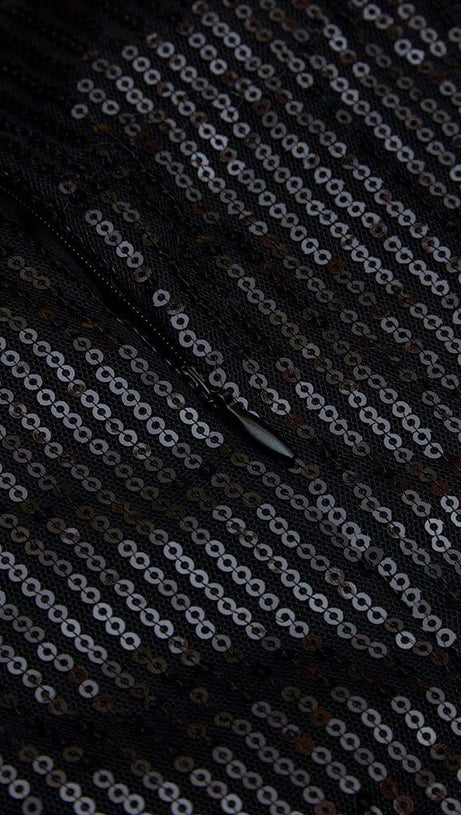 VELVET SEQUIN CUT-OUT FLOOR-LENGTH JUMPSUIT IN BLACK