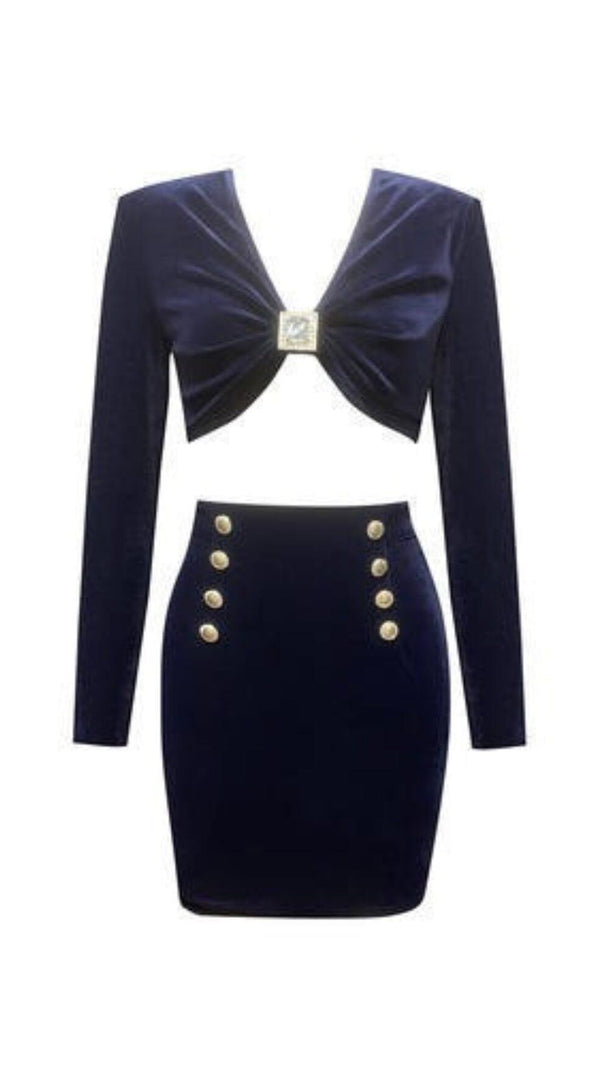 AIIZIE VELVET METAL BUCKLE SEXY TWO PIECES SUIT IN NAVY - product image