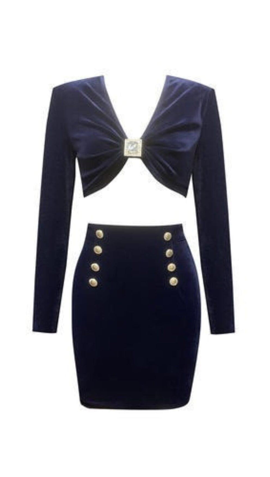 VELVET METAL BUCKLE SEXY TWO PIECES SUIT IN NAVY