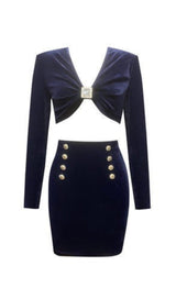 VELVET METAL BUCKLE SEXY TWO PIECES SUIT IN NAVY