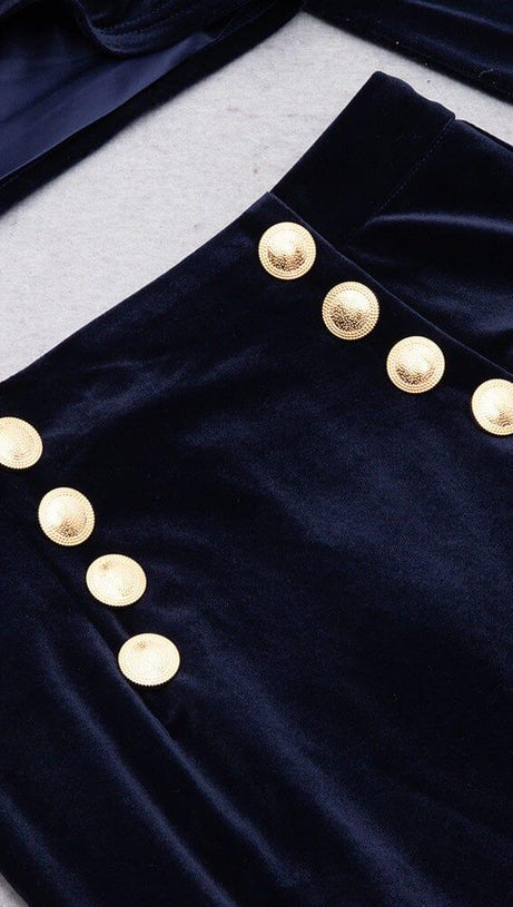 VELVET METAL BUCKLE SEXY TWO PIECES SUIT IN NAVY