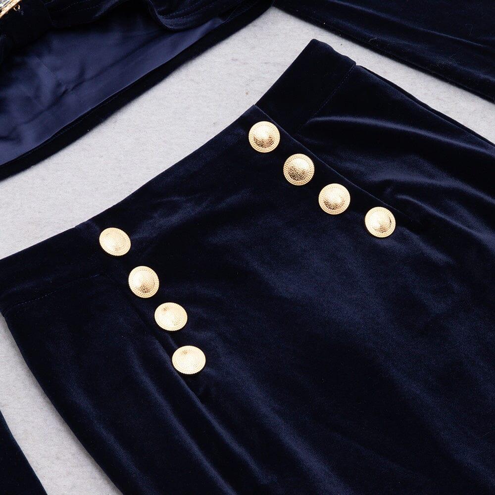 AIIZIE VELVET METAL BUCKLE SEXY TWO PIECES SUIT IN NAVY - product image