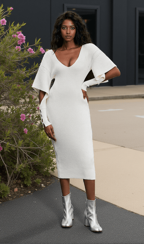 Suri V Neck Hollow Knitted Dress In White