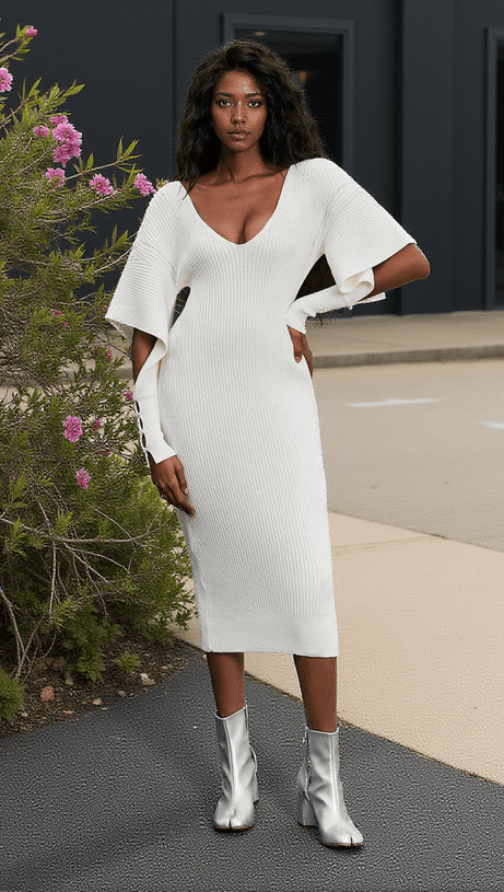 SURI V NECK HOLLOW KNITTED DRESS IN WHITE