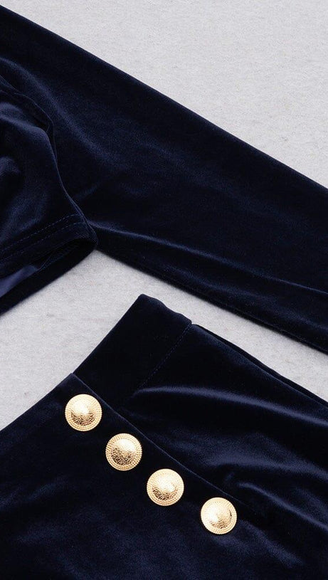 VELVET METAL BUCKLE SEXY TWO PIECES SUIT IN NAVY