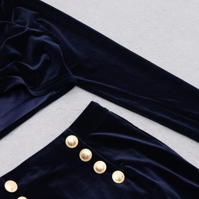 VELVET METAL BUCKLE SEXY TWO PIECES SUIT IN NAVY