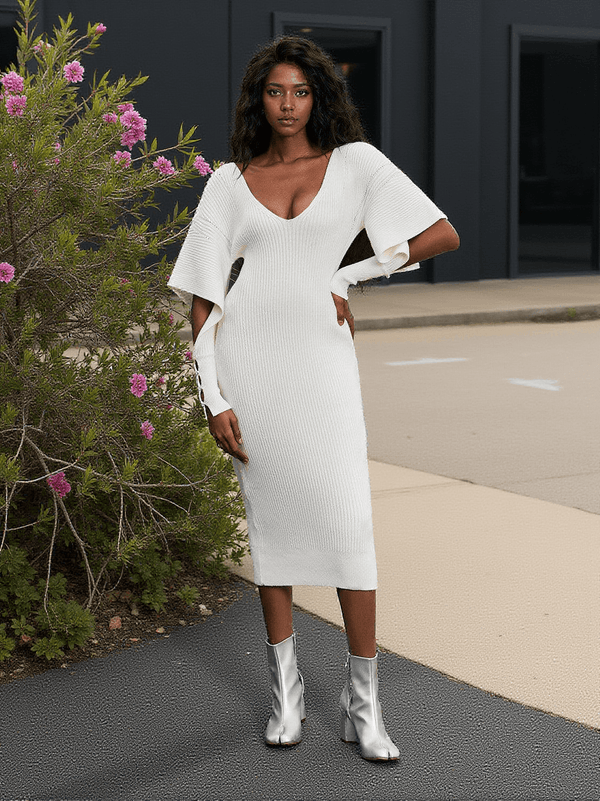 Suri V Neck Hollow Knitted Dress In White