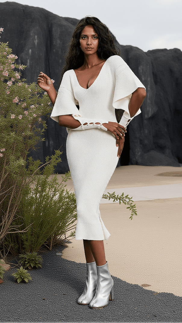 AIIZIE SURI V NECK HOLLOW KNITTED DRESS IN WHITE - product image