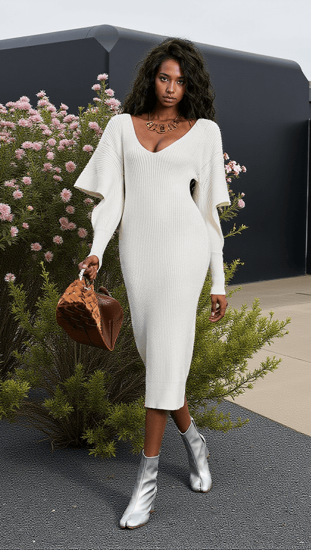 AIIZIE SURI V NECK HOLLOW KNITTED DRESS IN WHITE - product image