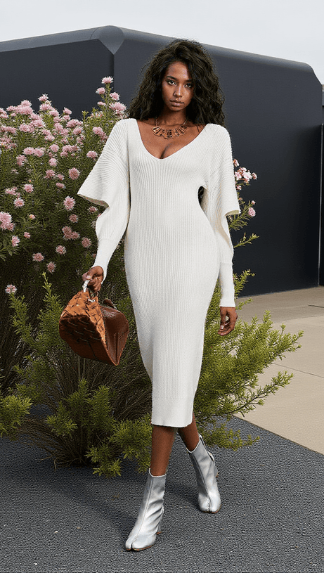 SURI V NECK HOLLOW KNITTED DRESS IN WHITE