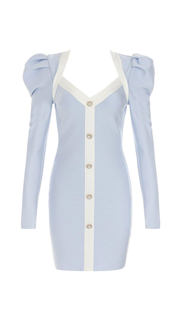 AIIZIE BANDAGE PUFF SLEEVE PEARL BUTTON ELEGANT MINI DRESS IN LIGHT BLUE - product image