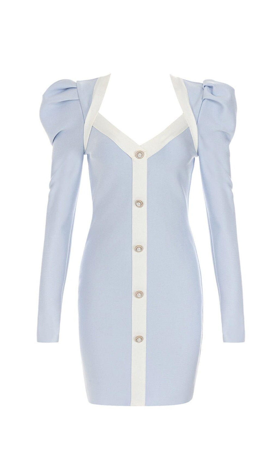 Elegantes Minikleid mit Bandage-Puffärmeln und Perlenknöpfen in Hellblau