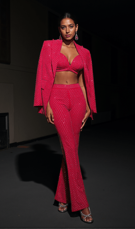 Whitley Embellished Blazer Three Piece Set In Hot Pink