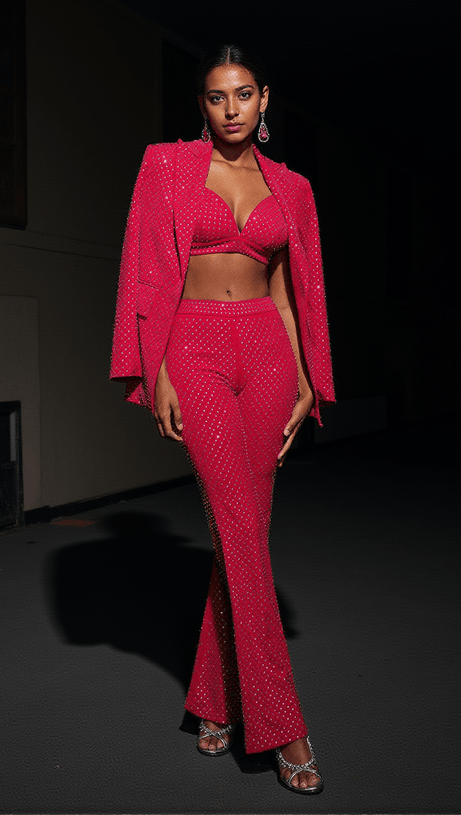 WHITLEY EMBELLISHED BLAZER THREE PIECE SET IN HOT PINK