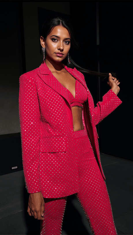 WHITLEY EMBELLISHED BLAZER THREE PIECE SET IN HOT PINK