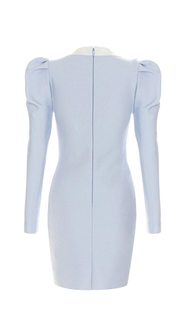 AIIZIE BANDAGE PUFF SLEEVE PEARL BUTTON ELEGANT MINI DRESS IN LIGHT BLUE - product image