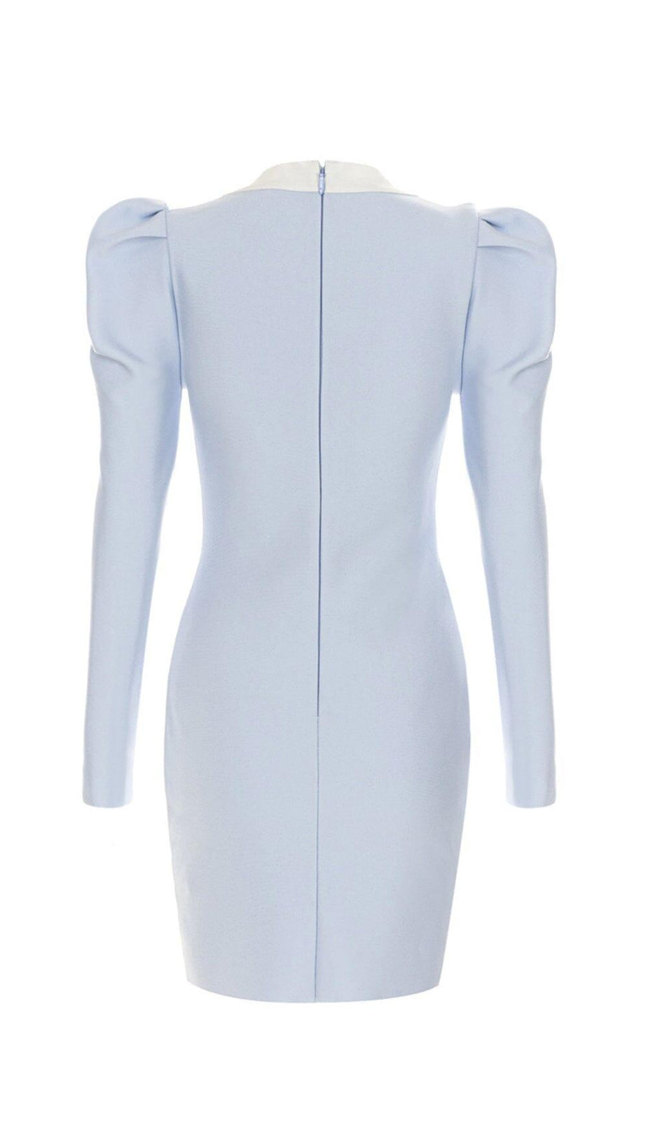 BANDAGE PUFF SLEEVE PEARL BUTTON ELEGANT MINI DRESS IN LIGHT BLUE