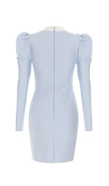 BANDAGE PUFF SLEEVE PEARL BUTTON ELEGANT MINI DRESS IN LIGHT BLUE