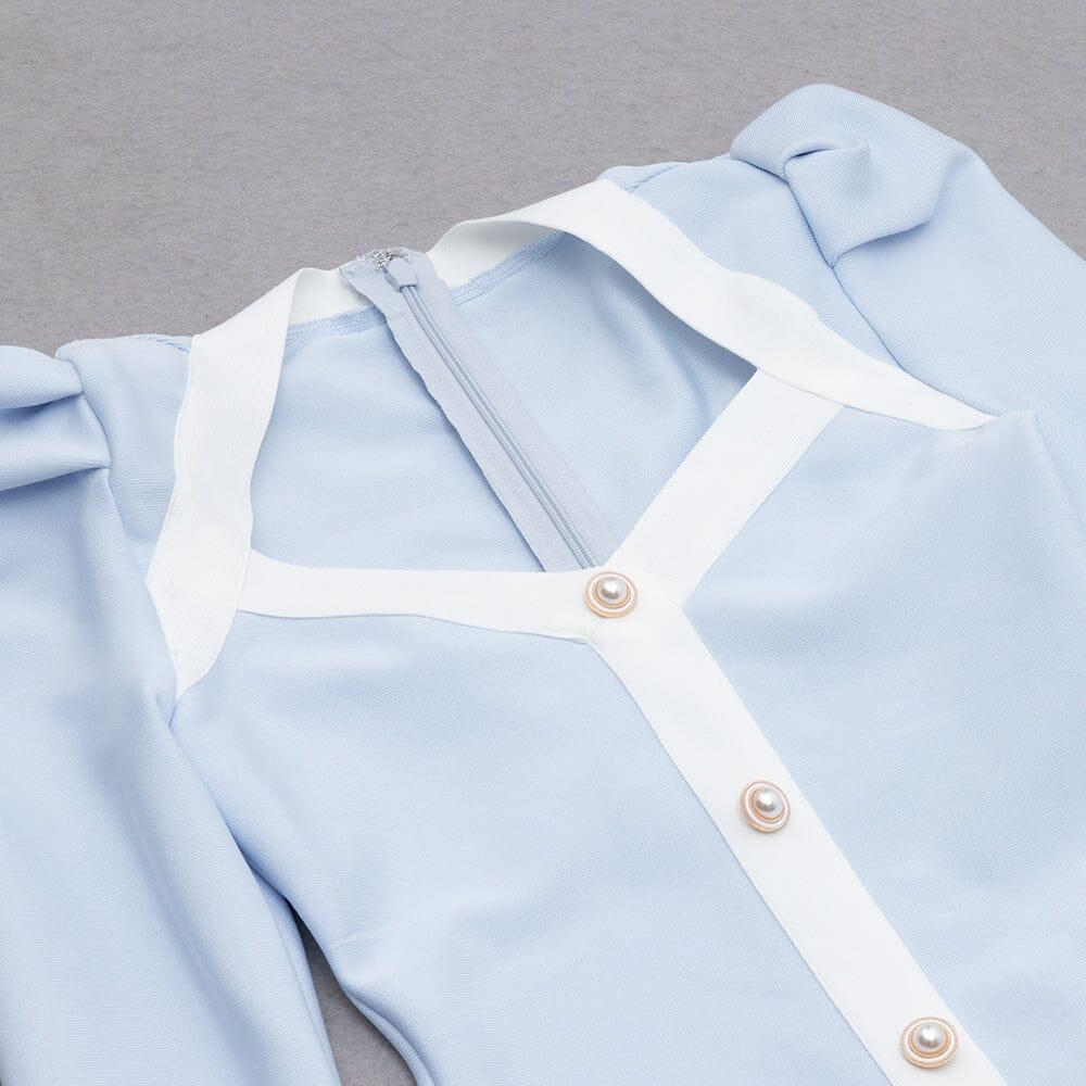 AIIZIE BANDAGE PUFF SLEEVE PEARL BUTTON ELEGANT MINI DRESS IN LIGHT BLUE - product image