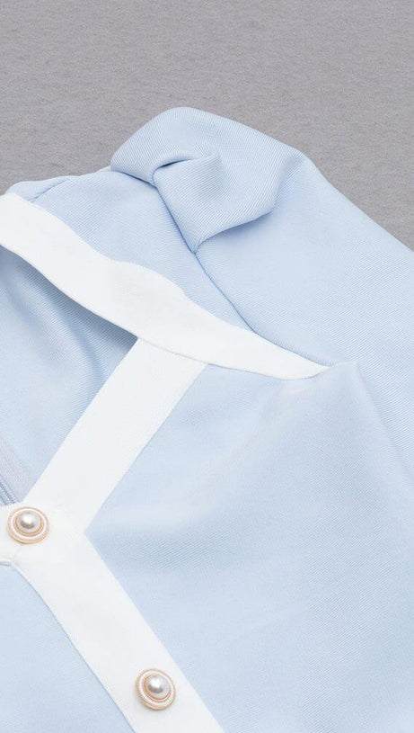 BANDAGE PUFF SLEEVE PEARL BUTTON ELEGANT MINI DRESS IN LIGHT BLUE