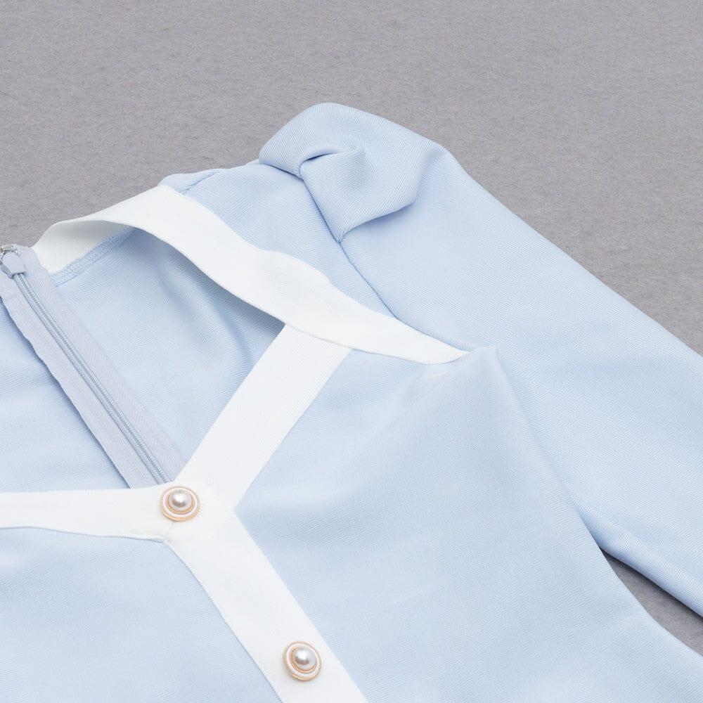 AIIZIE BANDAGE PUFF SLEEVE PEARL BUTTON ELEGANT MINI DRESS IN LIGHT BLUE - product image