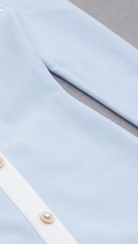 BANDAGE PUFF SLEEVE PEARL BUTTON ELEGANT MINI DRESS IN LIGHT BLUE
