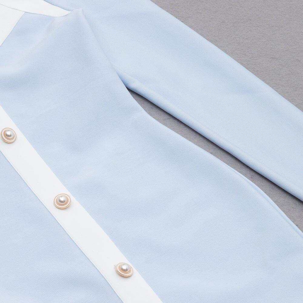 AIIZIE BANDAGE PUFF SLEEVE PEARL BUTTON ELEGANT MINI DRESS IN LIGHT BLUE - product image
