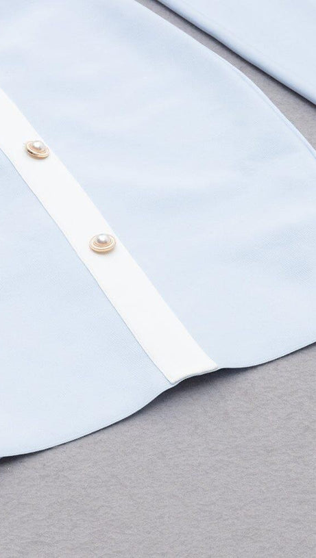 BANDAGE PUFF SLEEVE PEARL BUTTON ELEGANT MINI DRESS IN LIGHT BLUE