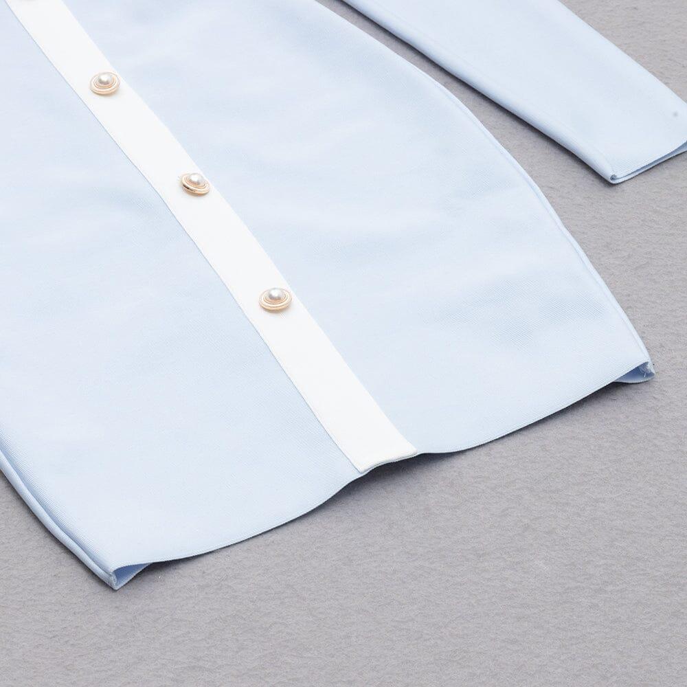 Bandage Puff Sleeve Pearl Button Elegant Mini Dress in Light Blue