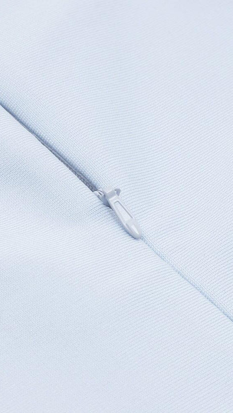 BANDAGE PUFF SLEEVE PEARL BUTTON ELEGANT MINI DRESS IN LIGHT BLUE