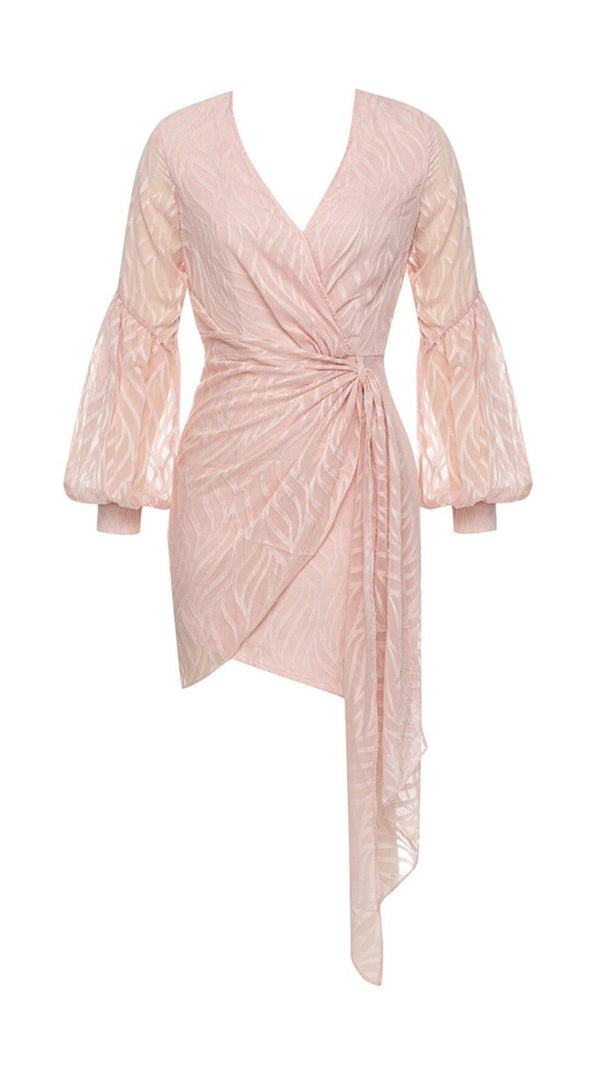 AIIZIE PINK SEXY V-NECK LONG-SLEEVED RUFFLE DRESS - product image